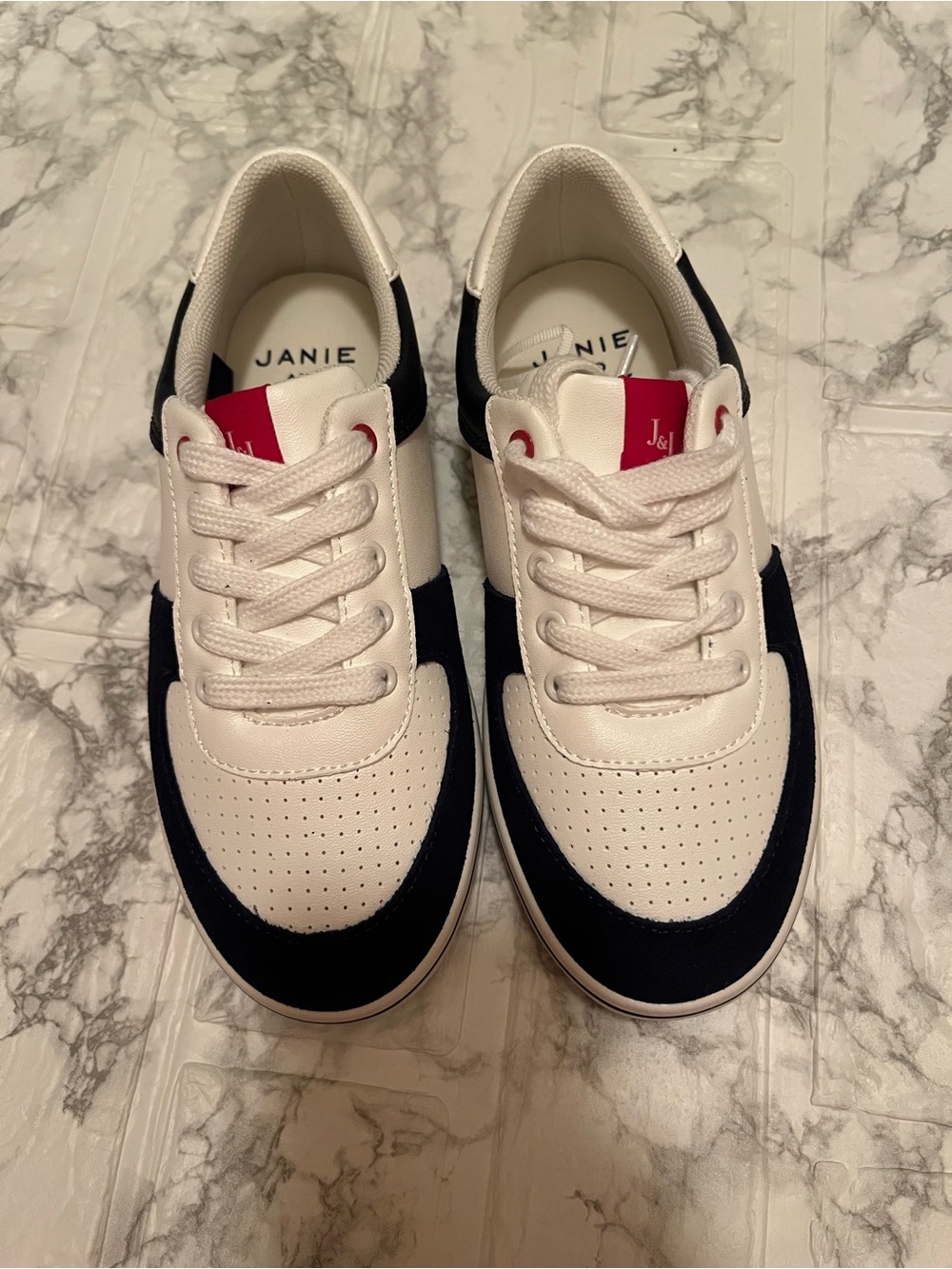 Janie and Jack White Navy Sneakers with Red Tongue Tab Size 1K